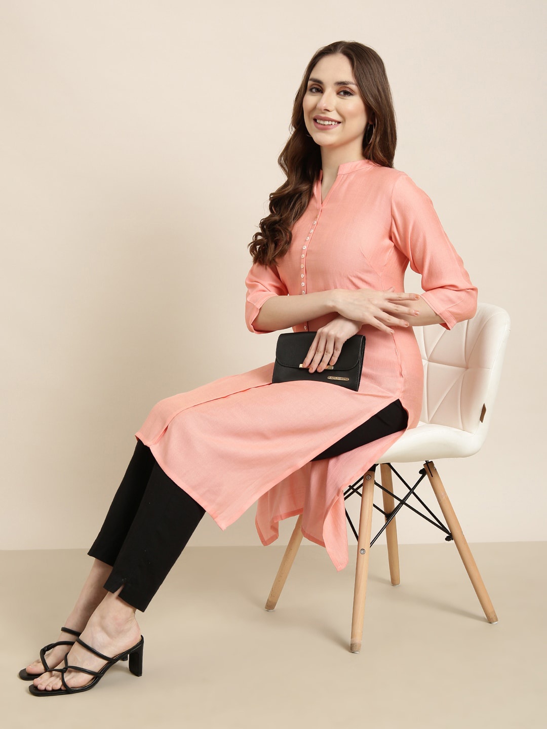 

SHOWOFF Mandarin collar Three Quarter Sleeves Pastels Crepe Kurta, Peach