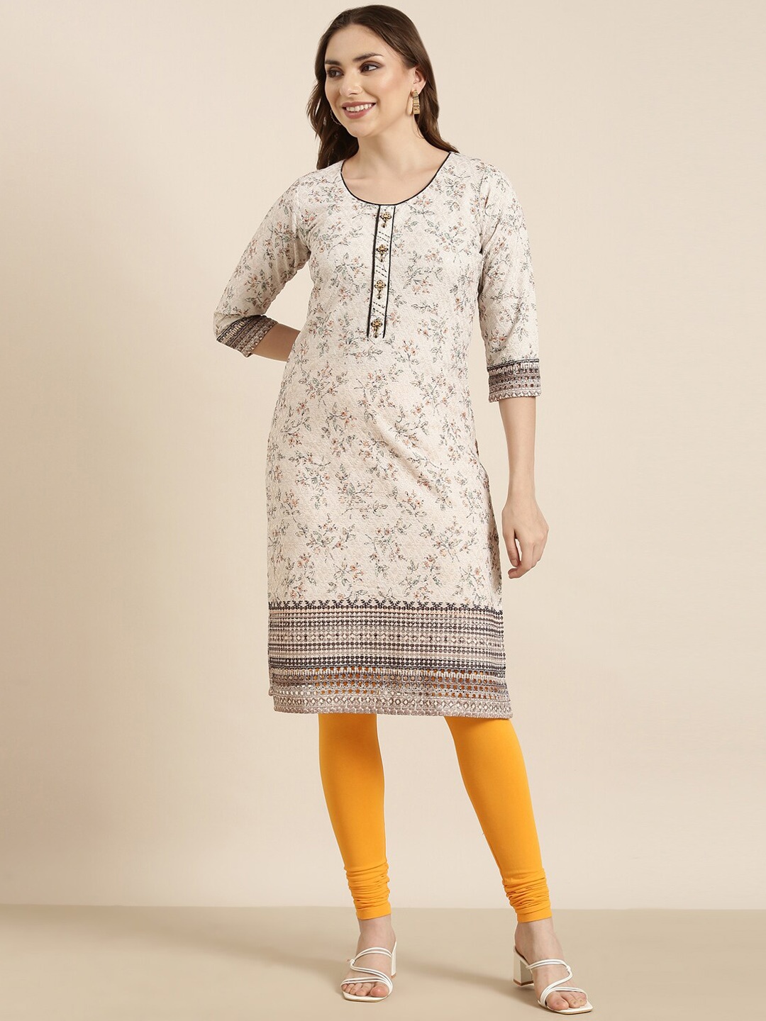 

SHOWOFF Round Neck Three Quarter Sleeves Thread Work Floral Cotton Kurta, Beige