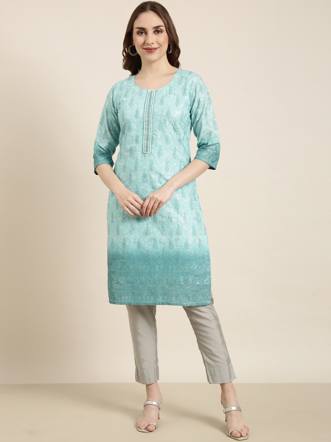 

SHOWOFF Floral Woven Design Thread Work Cotton Floral A-Line Kurta, Sea green