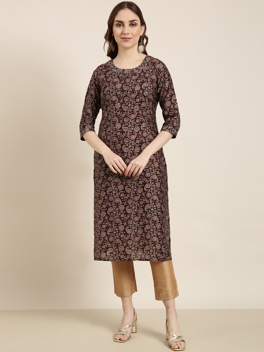 

SHOWOFF Ethnic Motifs Printed Thread Work Straight Kurta, Brown