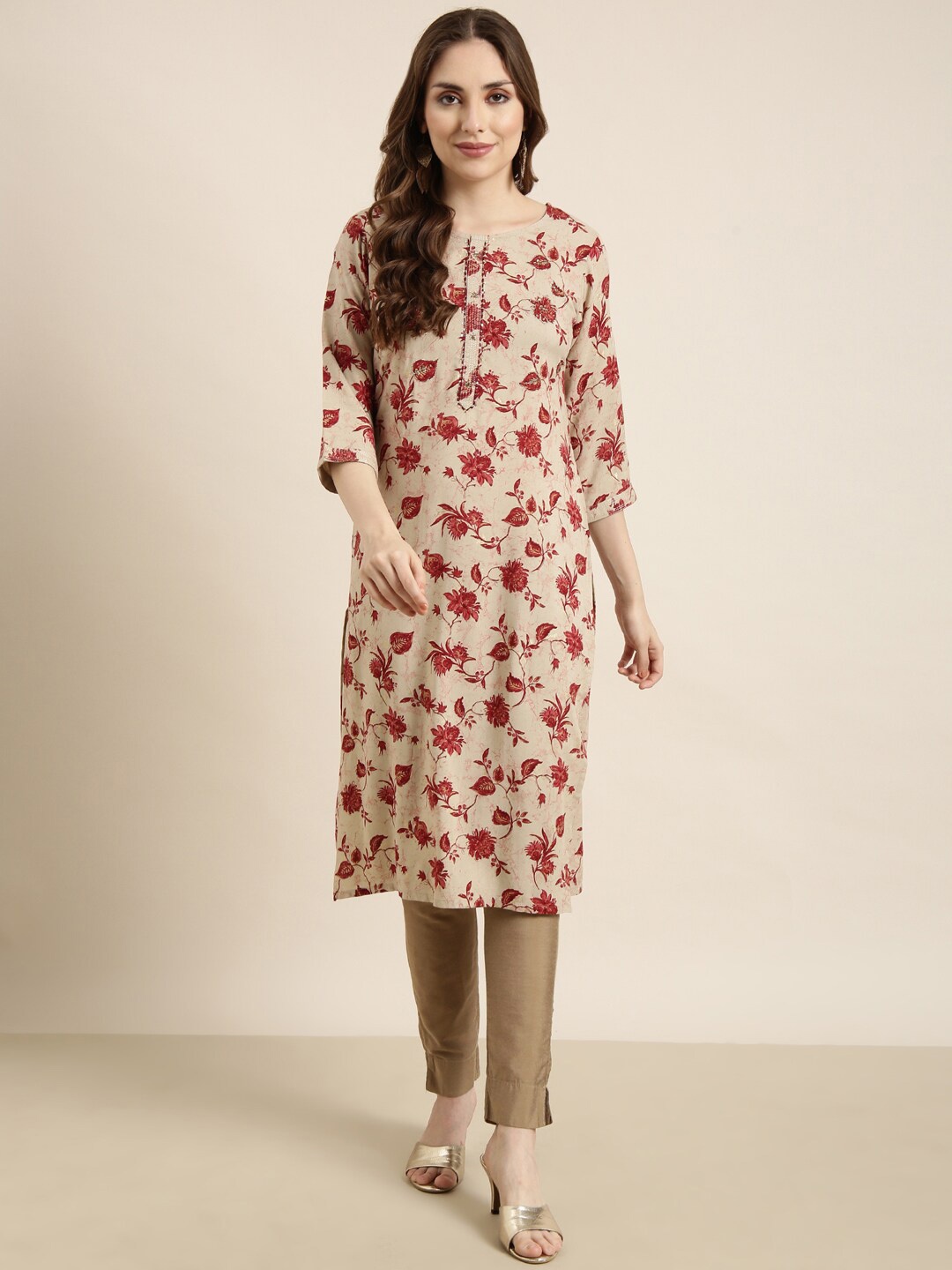 SHOWOFF Floral Printed Sequinned Straight Kurta, Beige