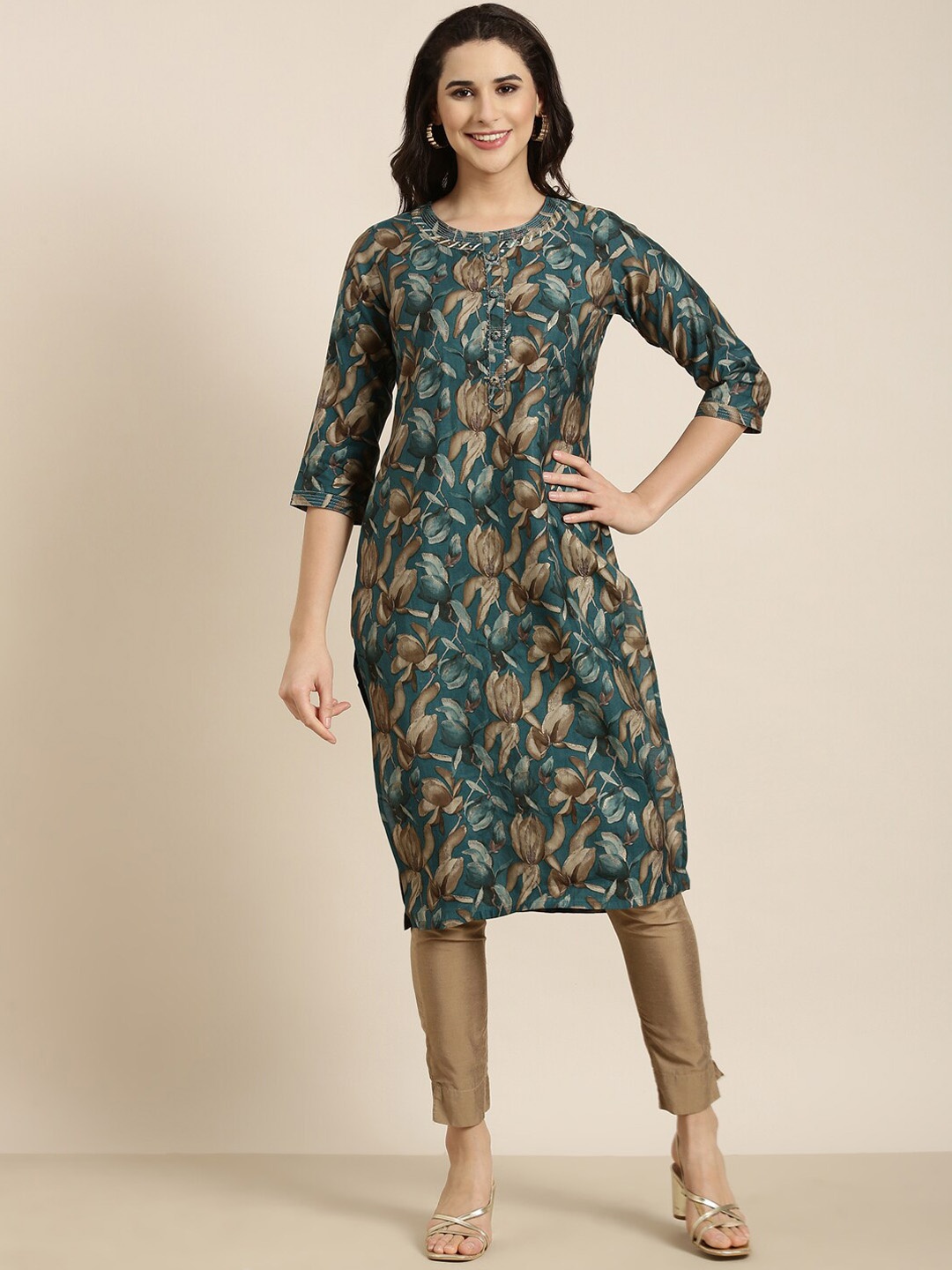 

SHOWOFF Floral Printed Sequinned Straight Kurta, Teal