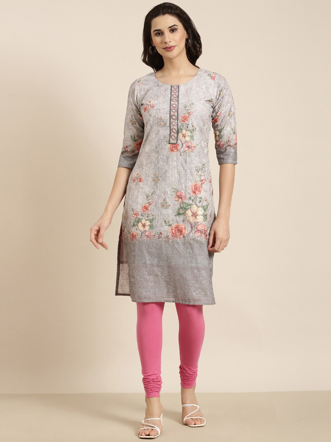 

SHOWOFF Floral Printed Thread Work Round Neck Straight Kurta, Grey