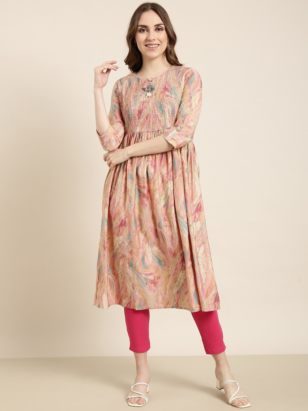 SHOWOFF Abstract Printed Cotton Smocked Anarkali Kurta, Peach