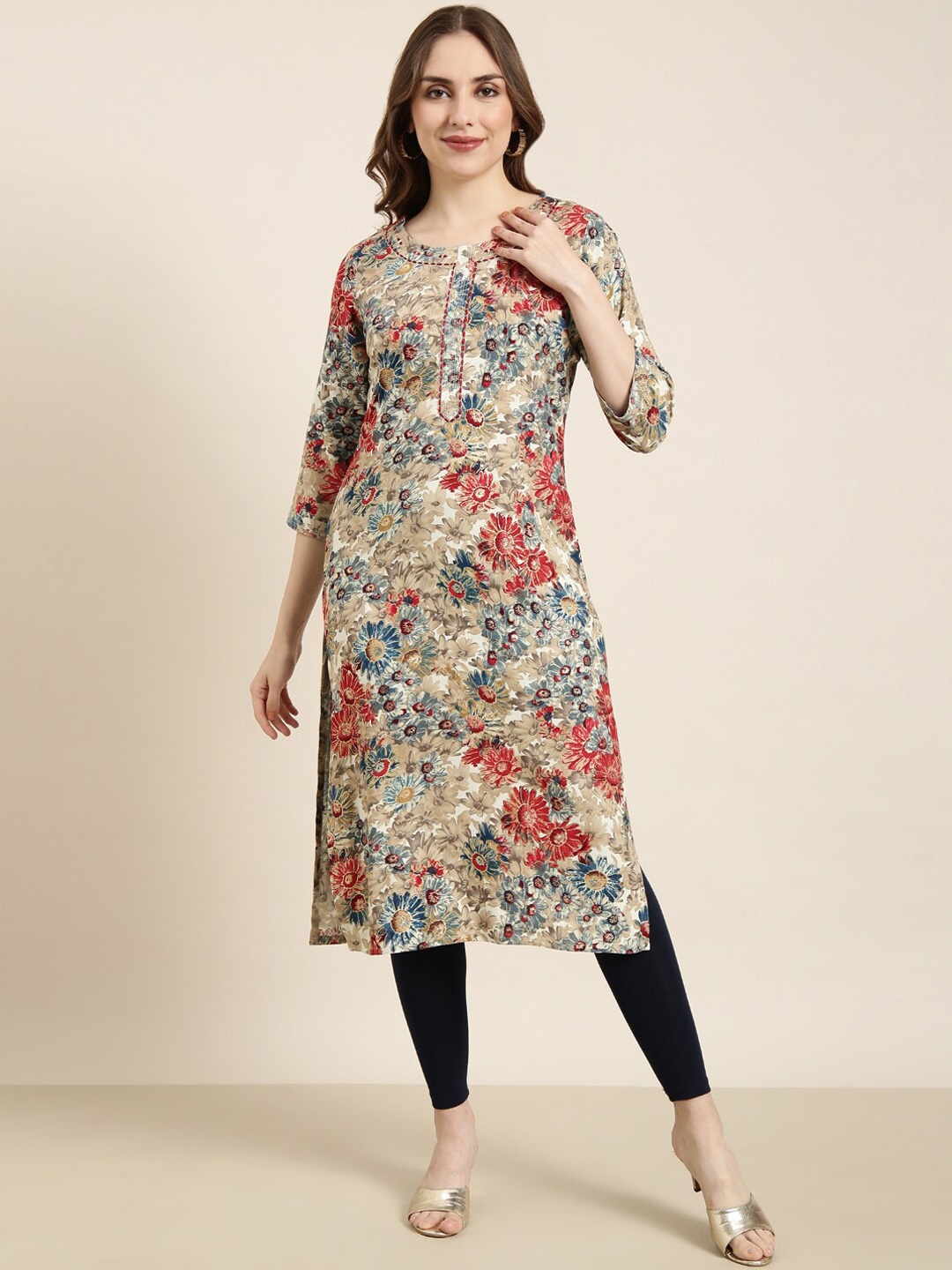 

SHOWOFF Women Floral Printed Keyhole Neck Floral Kurta, Beige