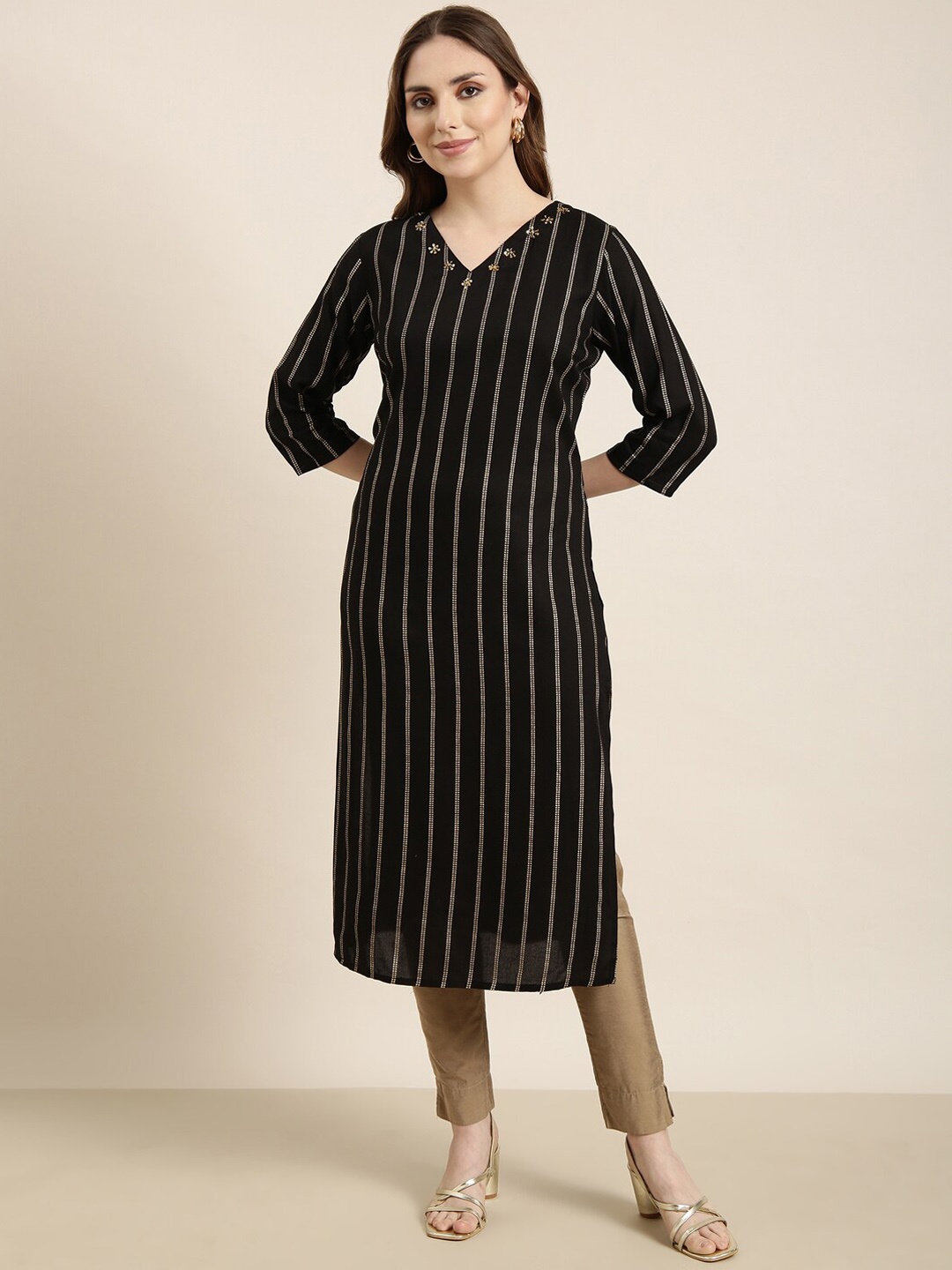 SHOWOFF Embellished V-Neck Cotton Straight Kurta, Black