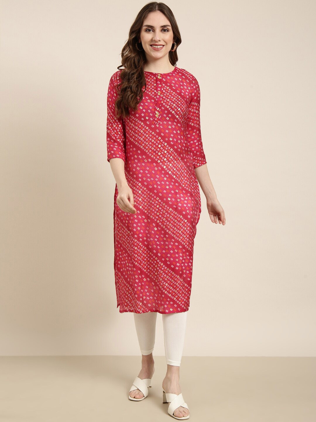 SHOWOFF Women Geometric Printed Flared Sleeves Mirror Work Indie Prints Kurta, Pink