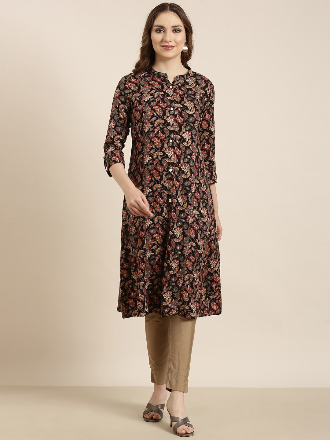 SHOWOFF Floral Printed Floral Cotton A Line Kurta, Black