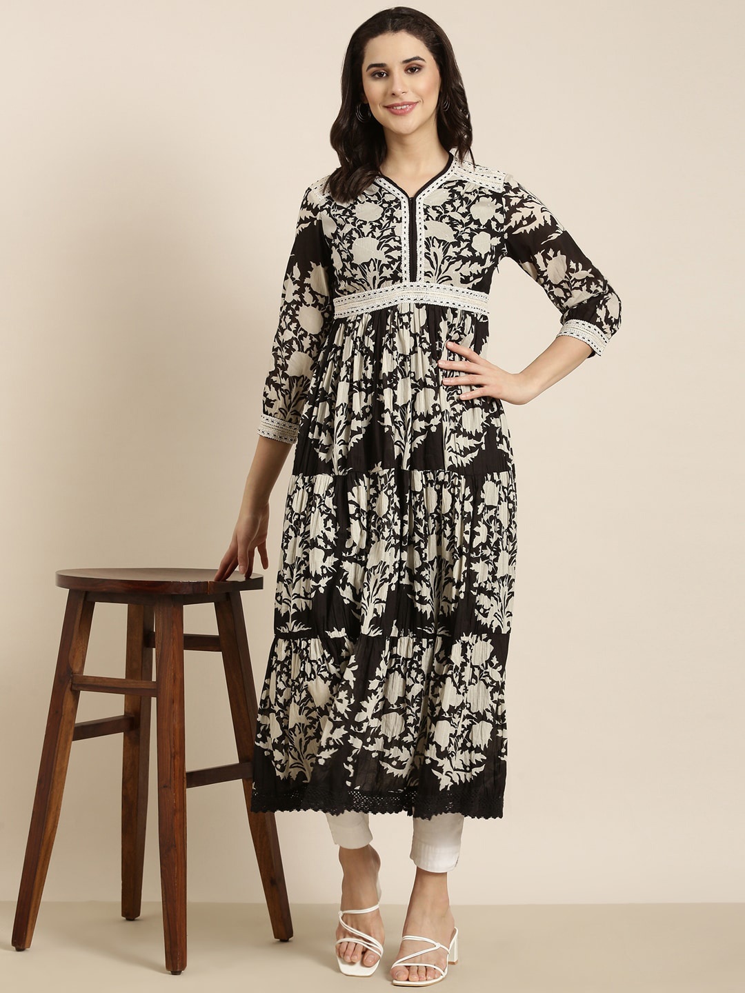 SHOWOFF Floral Printed Sequinned Cotton Anarkali Kurta, Black