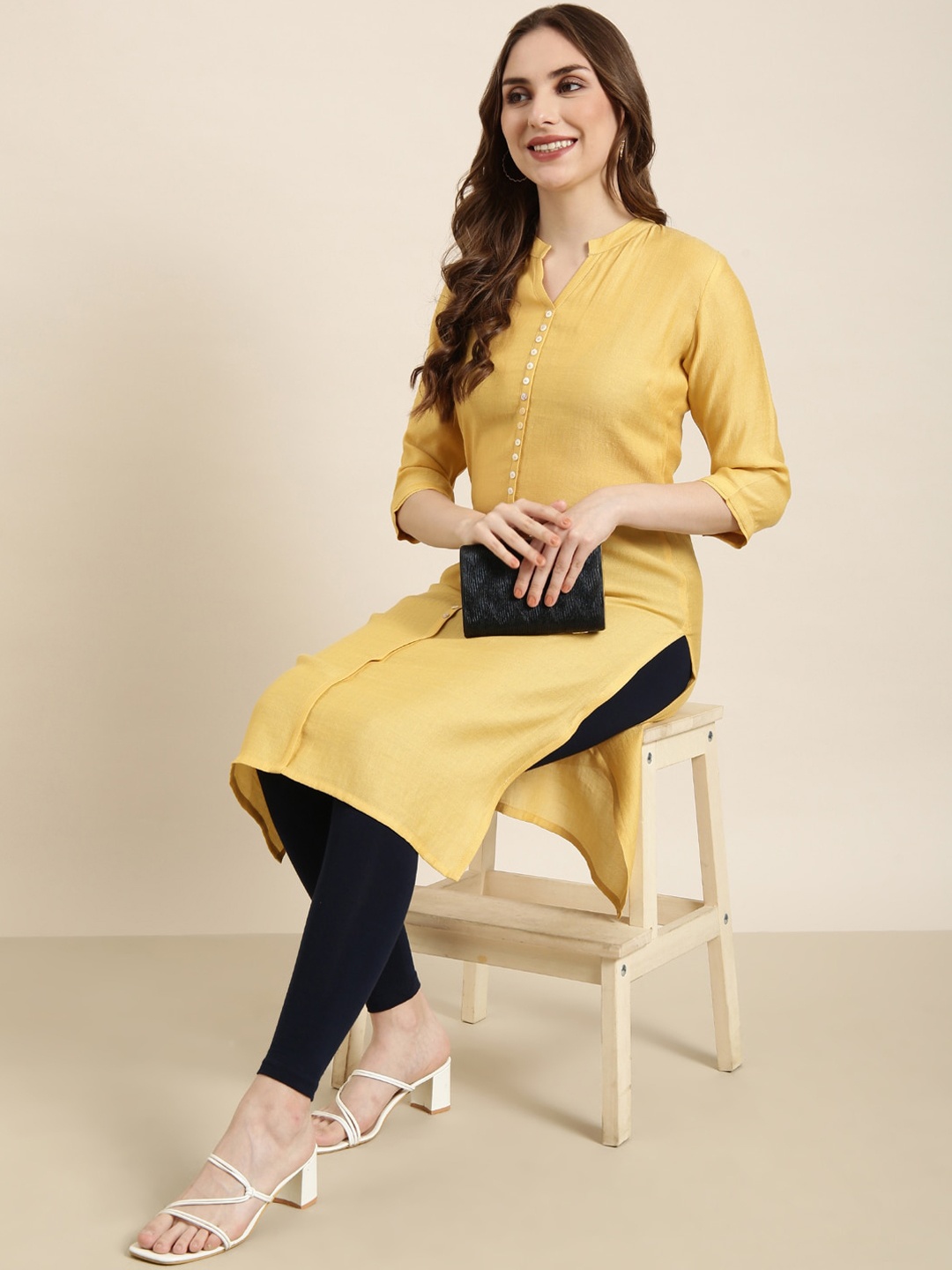 

SHOWOFF Band Collar Button Down Straight Kurta, Mustard