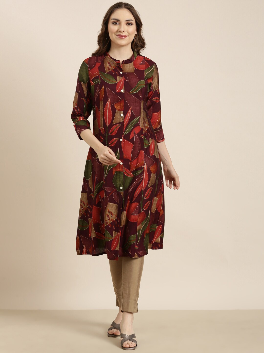 

SHOWOFF Floral Printed Regular Sleeves A Line Kurta, Purple