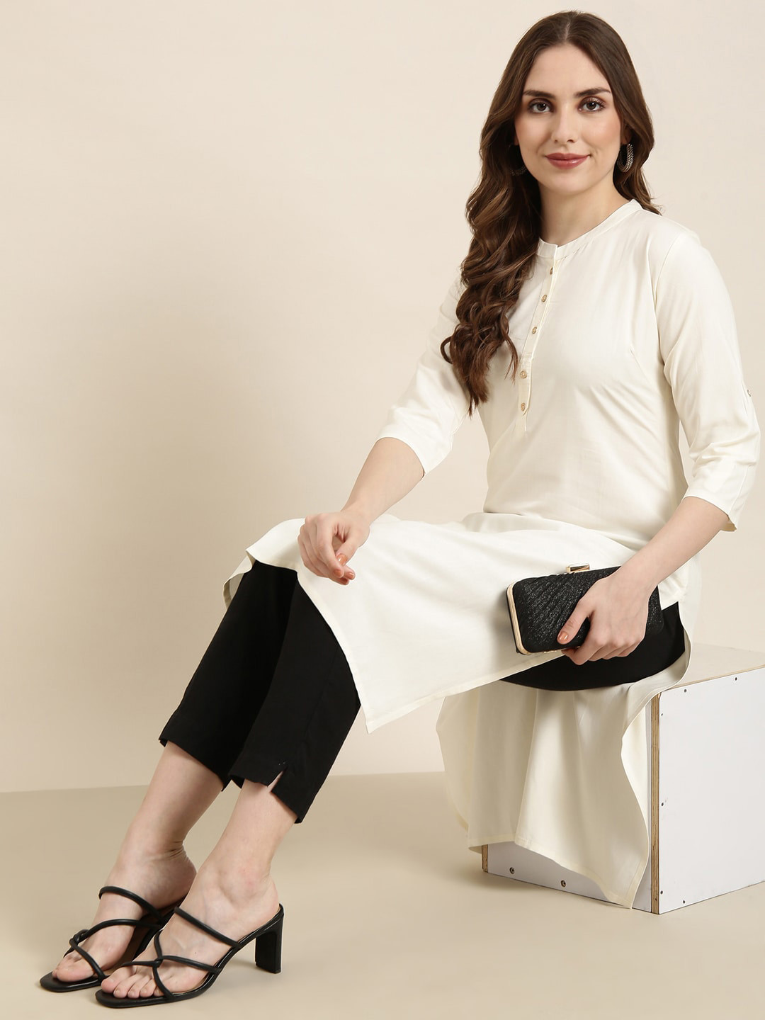 

SHOWOFF Calf Length Mandarin Collar Cotton Straight Kurta, Cream