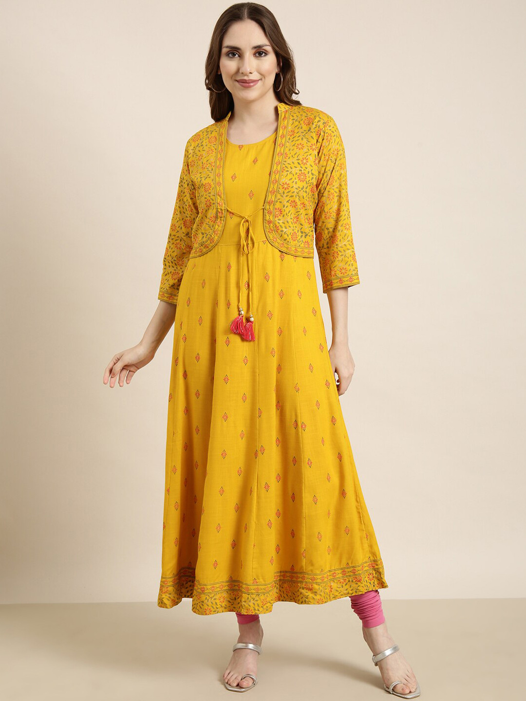 

SHOWOFF Ethnic Motifs Printed Flared Sleeves Thread Work Floral Anarkali Kurta, Mustard