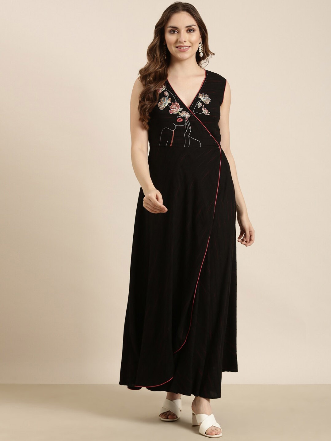 

SHOWOFF Yoke Design Beads and Stones Cotton Kurta, Black