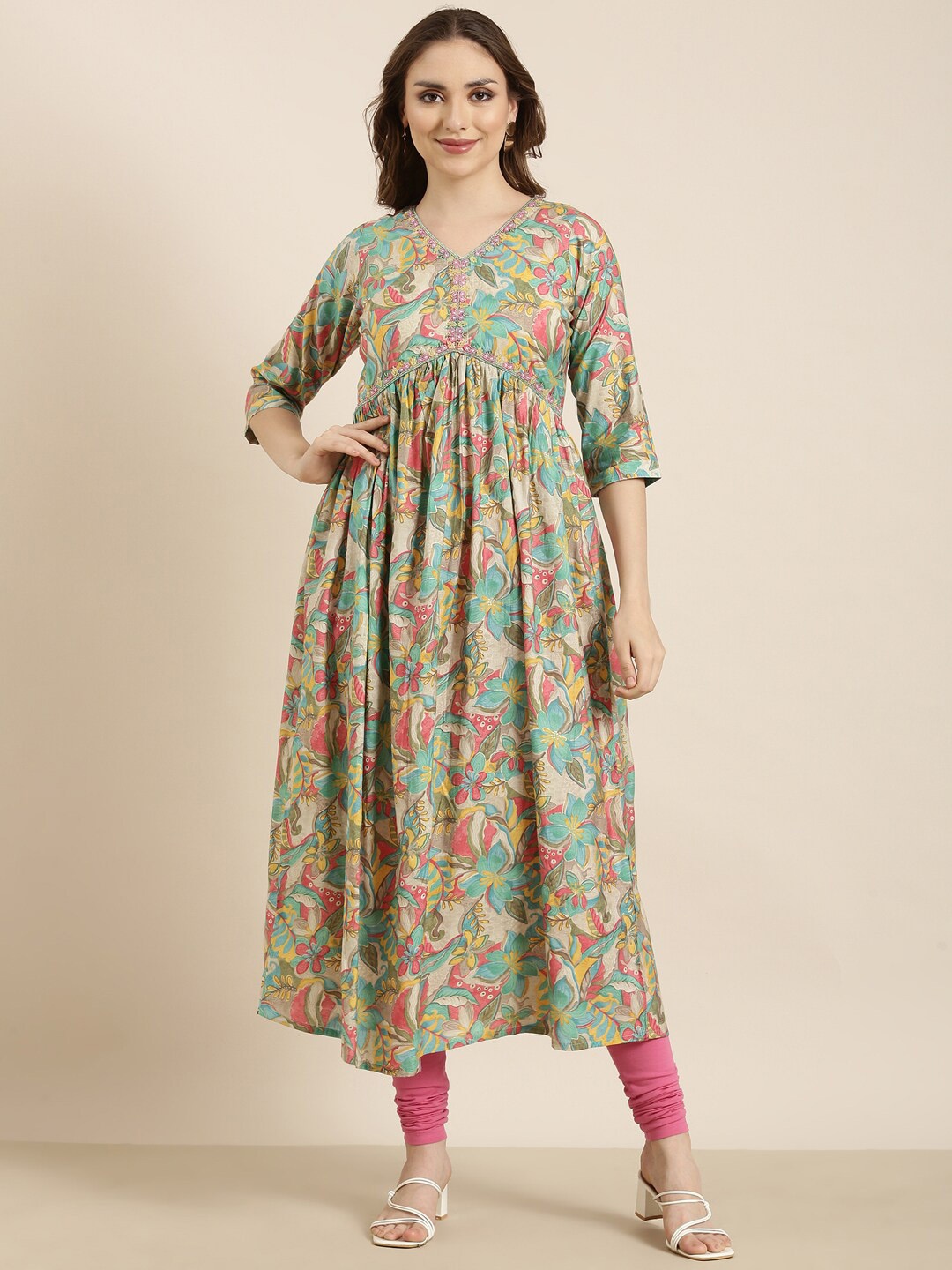 

SHOWOFF Floral Printed Regular Sleeves Cotton Floral Kurta, Sea green