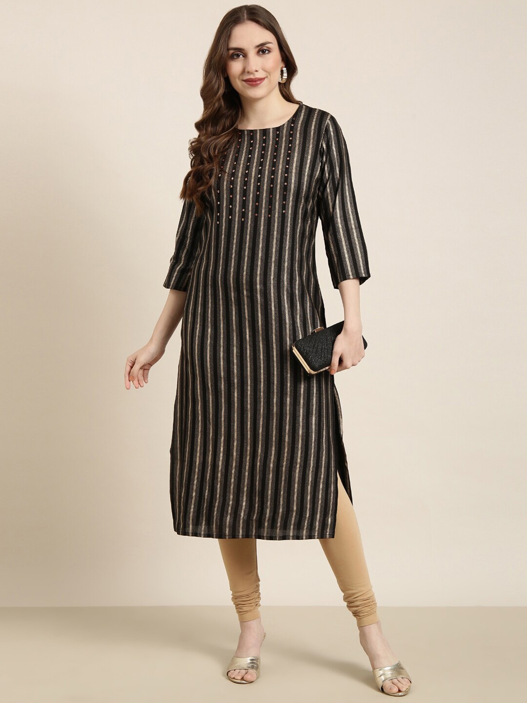 

SHOWOFF Women Striped Flared Sleeves Thread Work Kurta, Black
