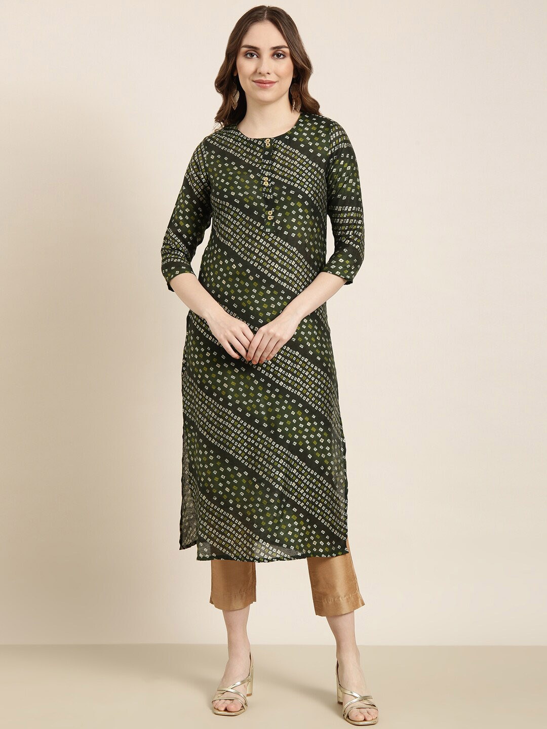 

SHOWOFF Women Geometric Printed Mirror Work Indie Prints Kurta, Green