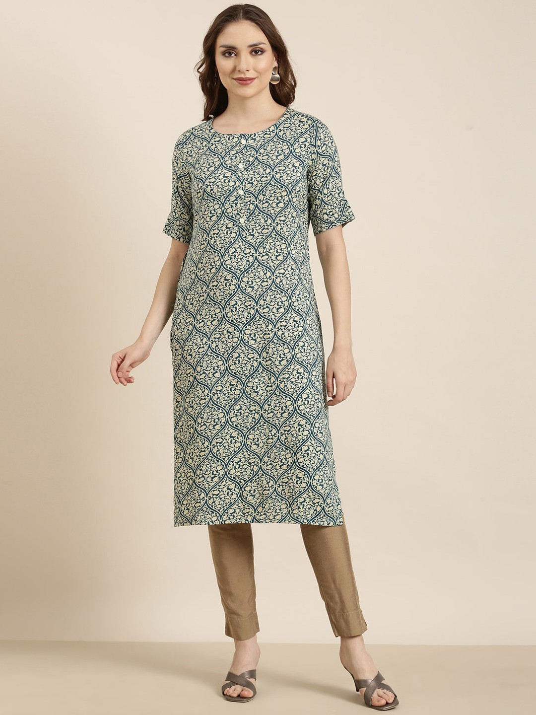 

SHOWOFF Ethnic Motifs Printed Keyhole Neck Mirror Work Indie Prints Kurta, Teal