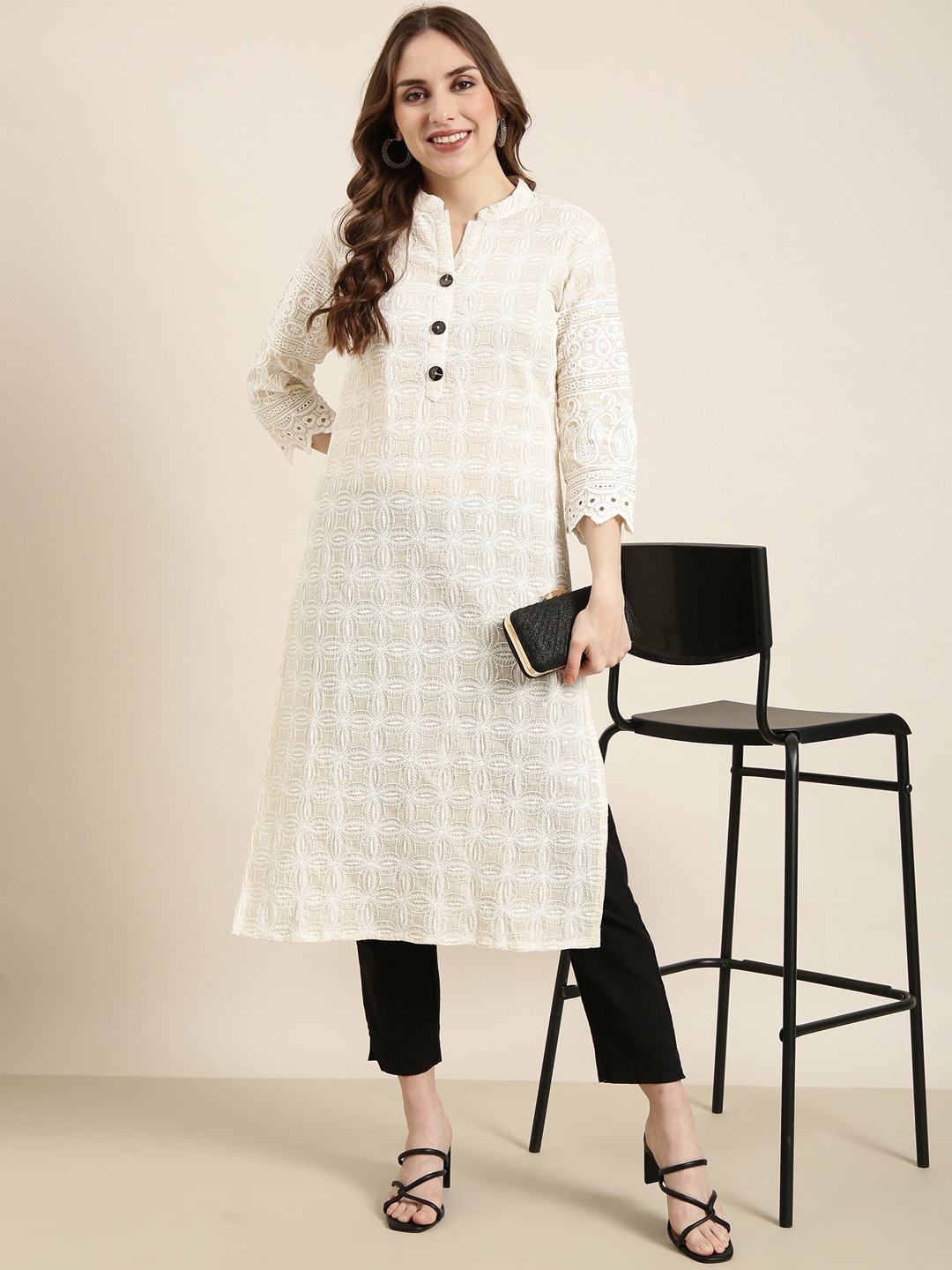 

SHOWOFF Checked Thread Work Pastels Cotton Kurta, Cream