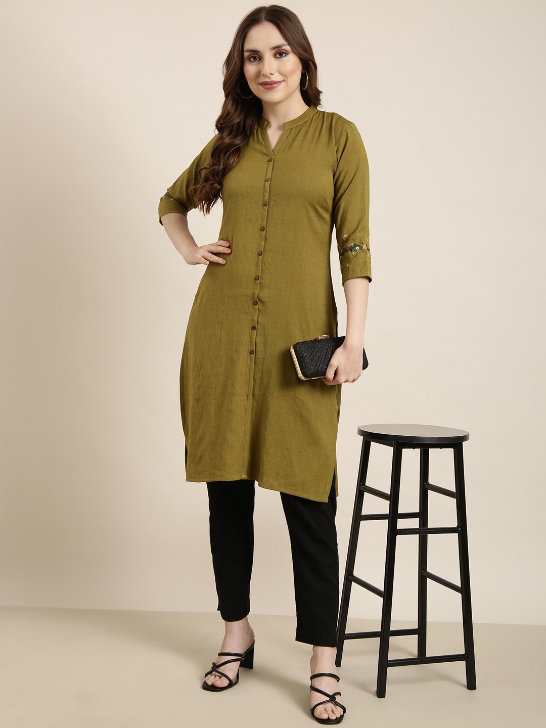 

SHOWOFF Mandarin Collar Thread Work Pastels Cotton Kurta, Olive