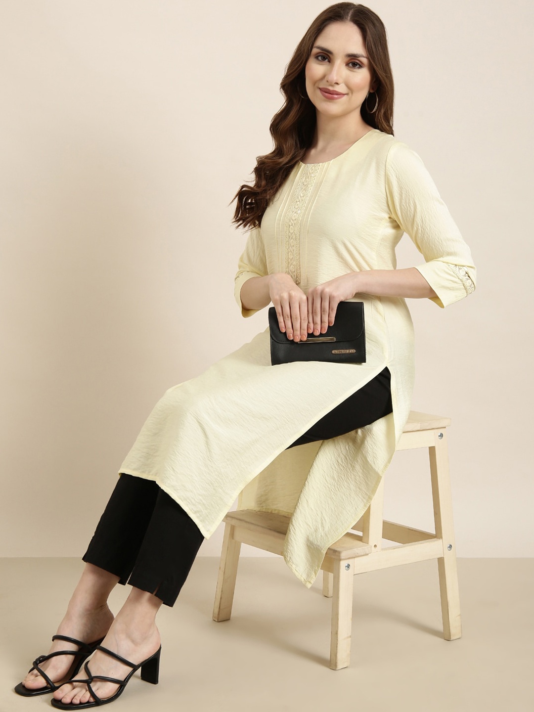 

SHOWOFF Round Neck Geometric Thread Work Pastels Crepe Kurta, Yellow