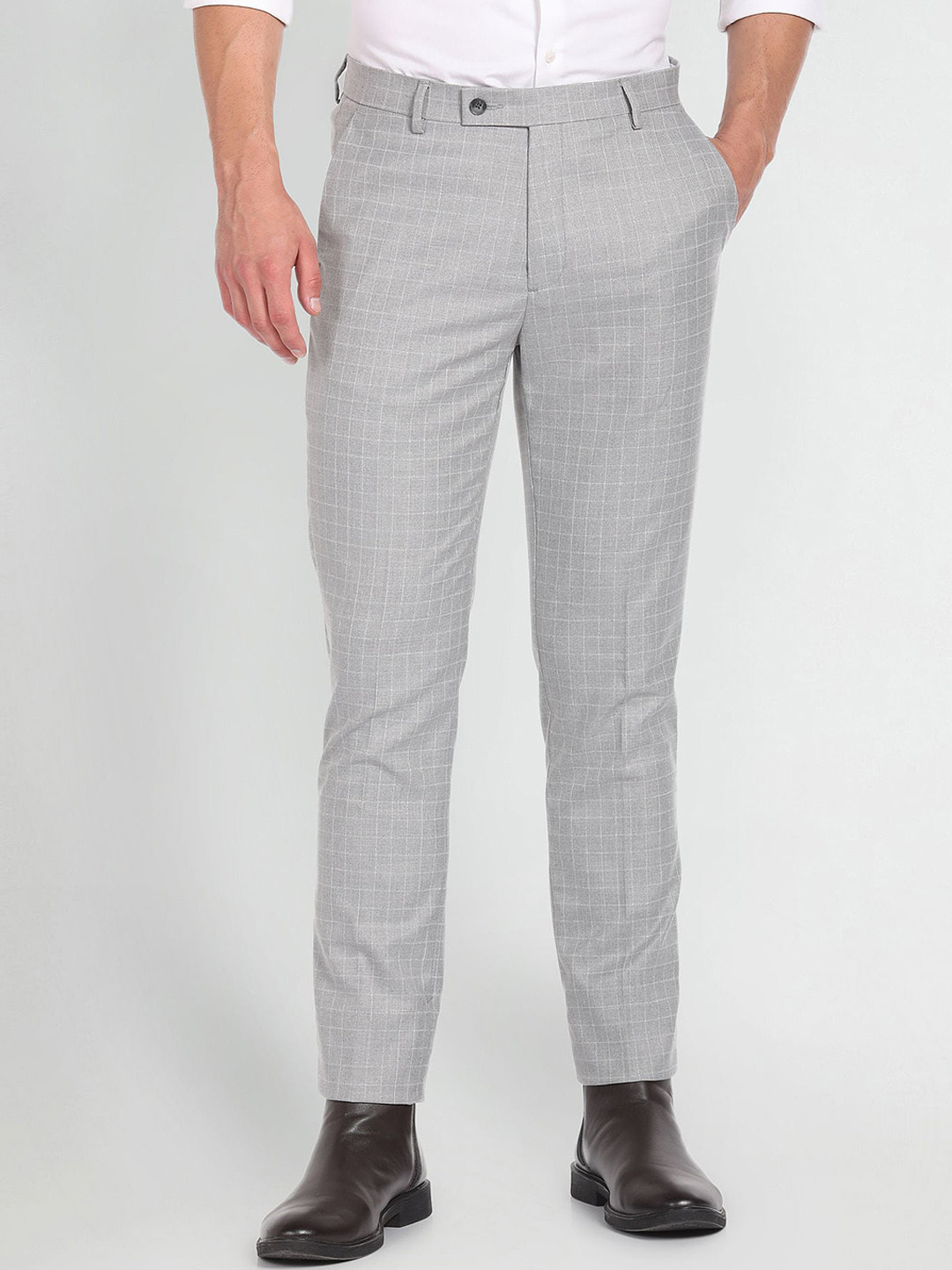 

Arrow Jackson Super Men Checked Slim Fit Checked Mid-Rise Dobby Formal Trousers, Grey