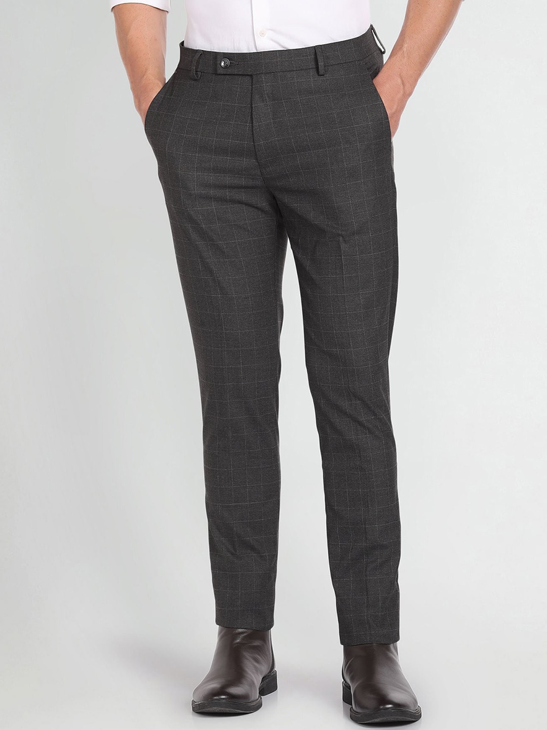 

Arrow Men Graph Checked Slim Fit Mid-Rise Dobby Formal Trousers, Grey