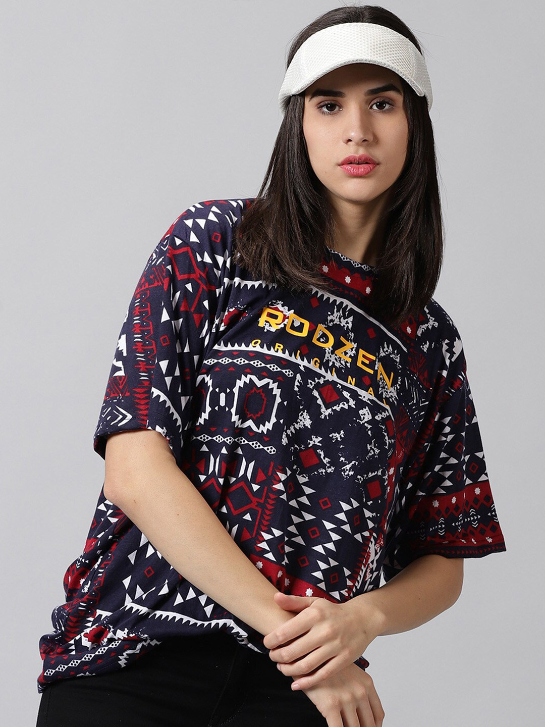 

Rodzen Aztec Printed Round Neck Oversized T-shirt, Navy blue