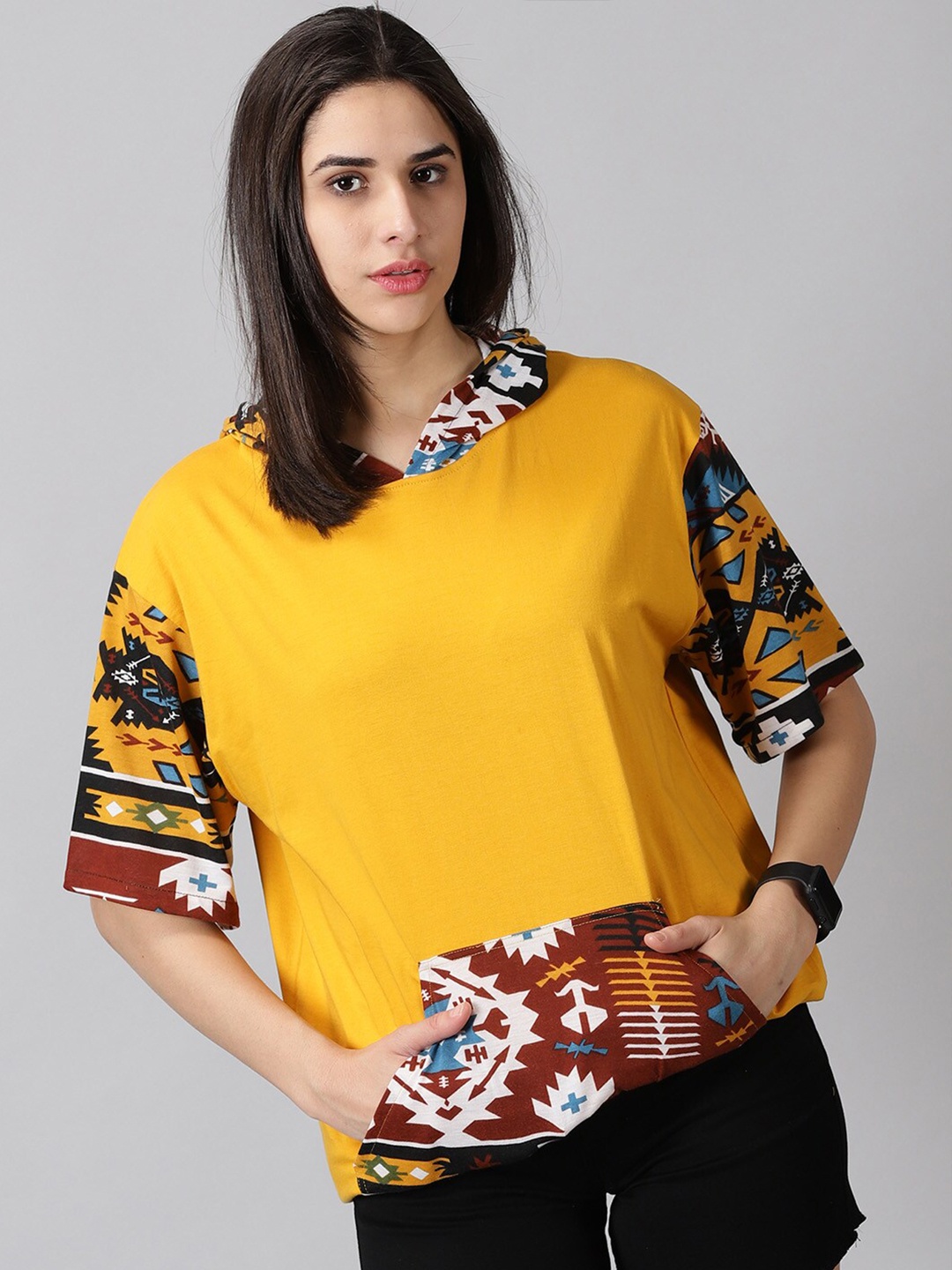 

Rodzen Floral Printed Hooded Oversized T-shirt, Yellow
