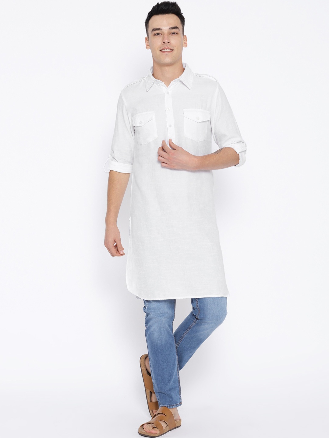 ATRAENTA Cotton Curved Shirt Collar Roll-Up Sleeves Pathani Kurta, White