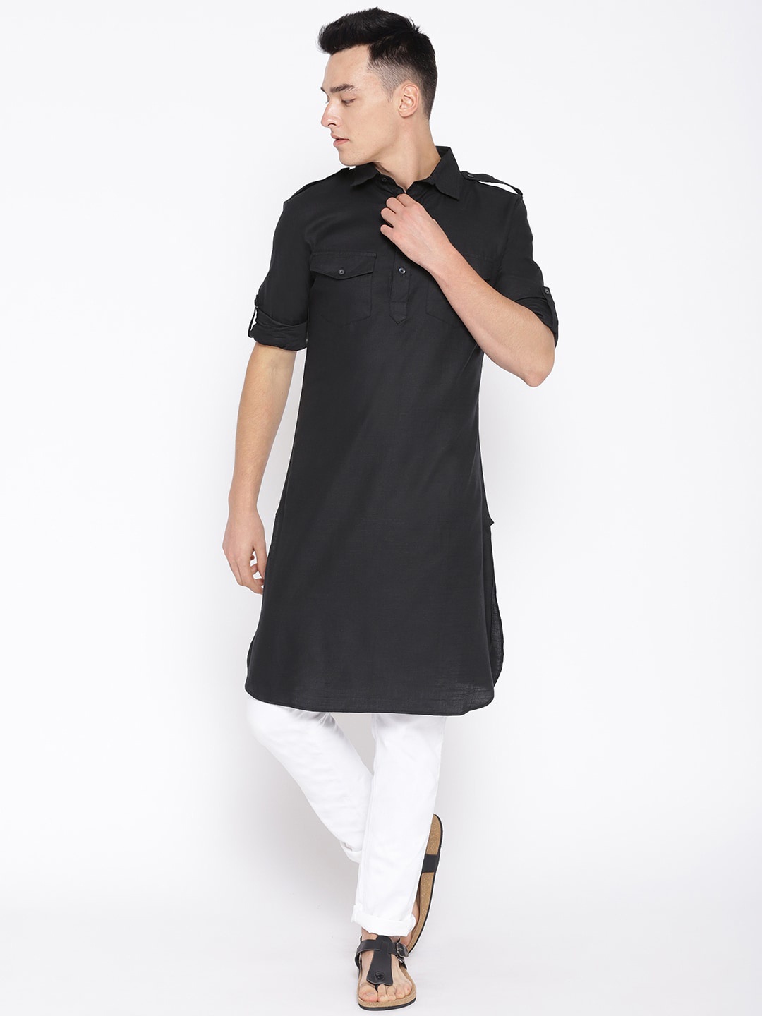 

ATRAENTA Cotton Curved Shirt Collar Angrakha Roll-Up Sleeves Pathani Kurta, Black