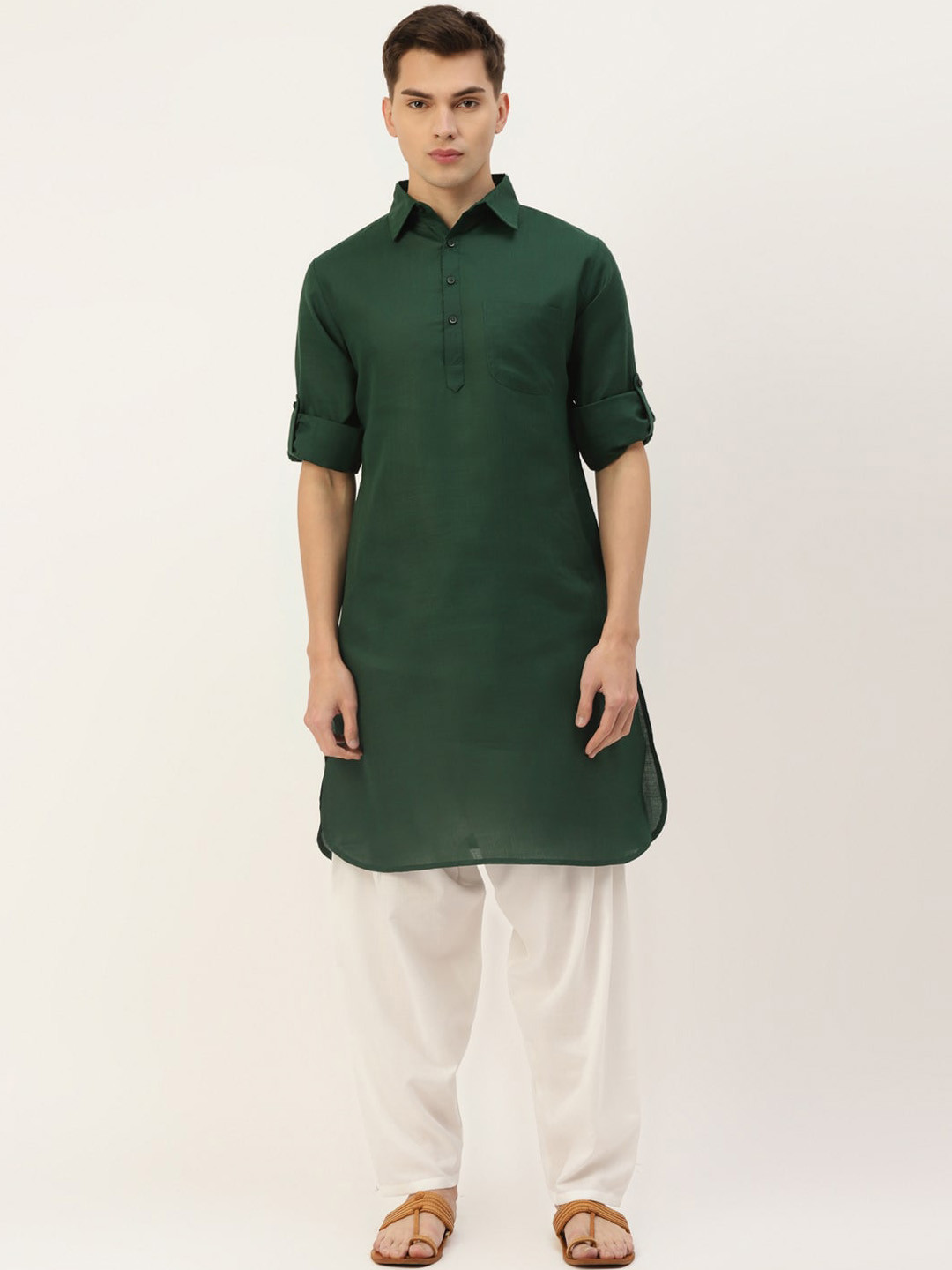 

ATRAENTA Cotton Curved Shirt Collar Roll-Up Sleeves Pathani Kurta, Green