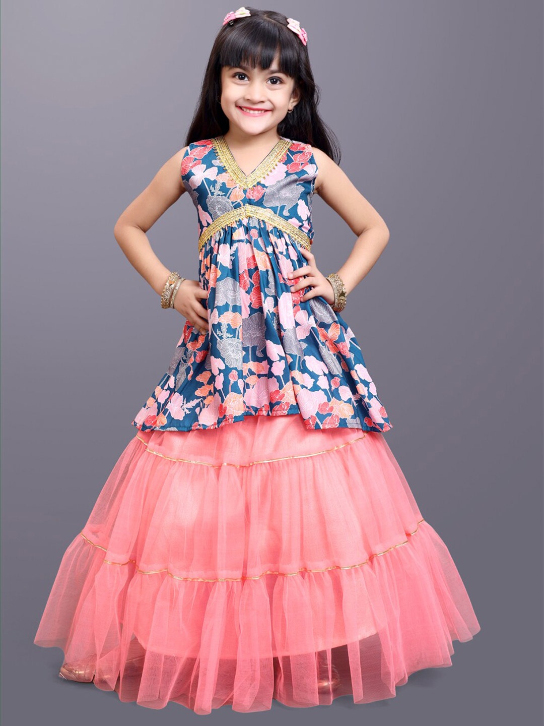 

BAESD Girls Printed V-Neck Net Ready to Wear Lehenga Choli, Navy blue