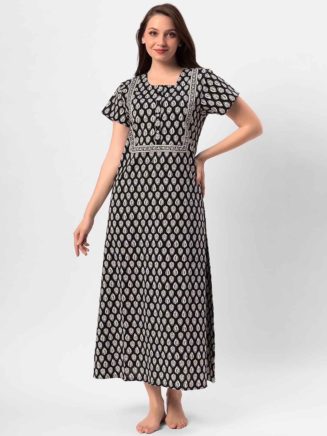 

ETC Ethnic Motifs Printed Pure Cotton Maxi Nightdress, Black