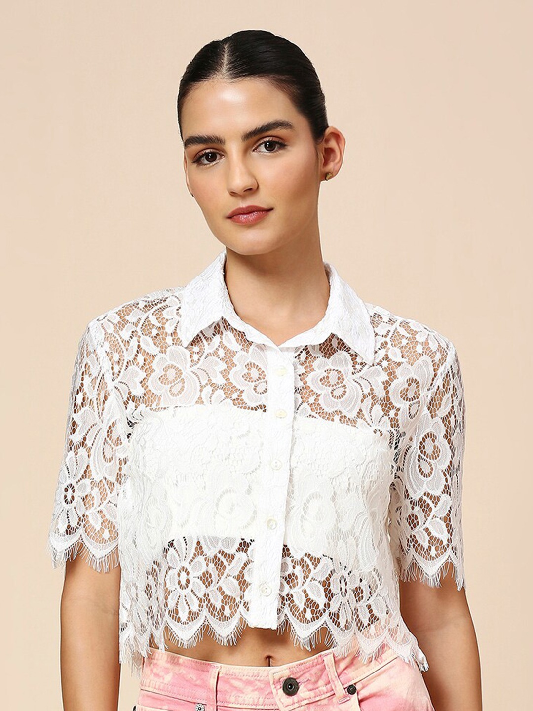 

Chemistry Floral Self Design Crop Shirt Style Top, White