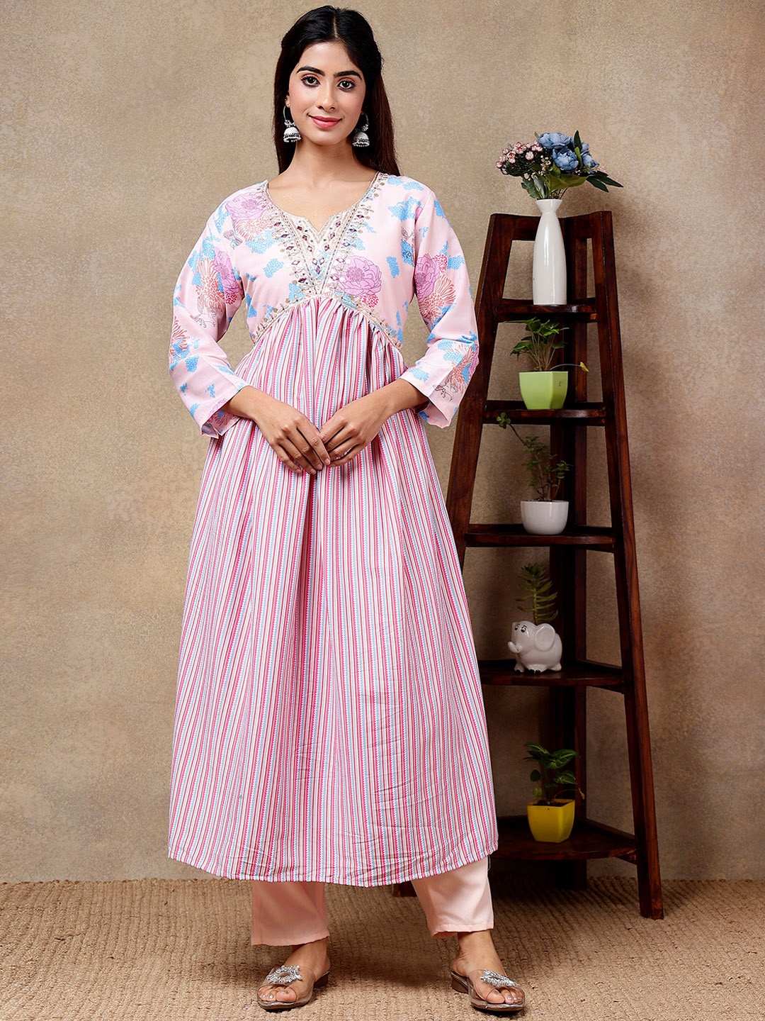 

J.KANJI Striped Empire Sequinned Kurta with Trousers & Dupatta, Pink