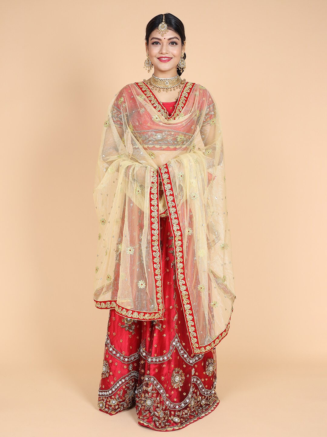 

NAMASKAR Ethnic Motifs Embroidered Beads and Stones Detail Dupatta, Red