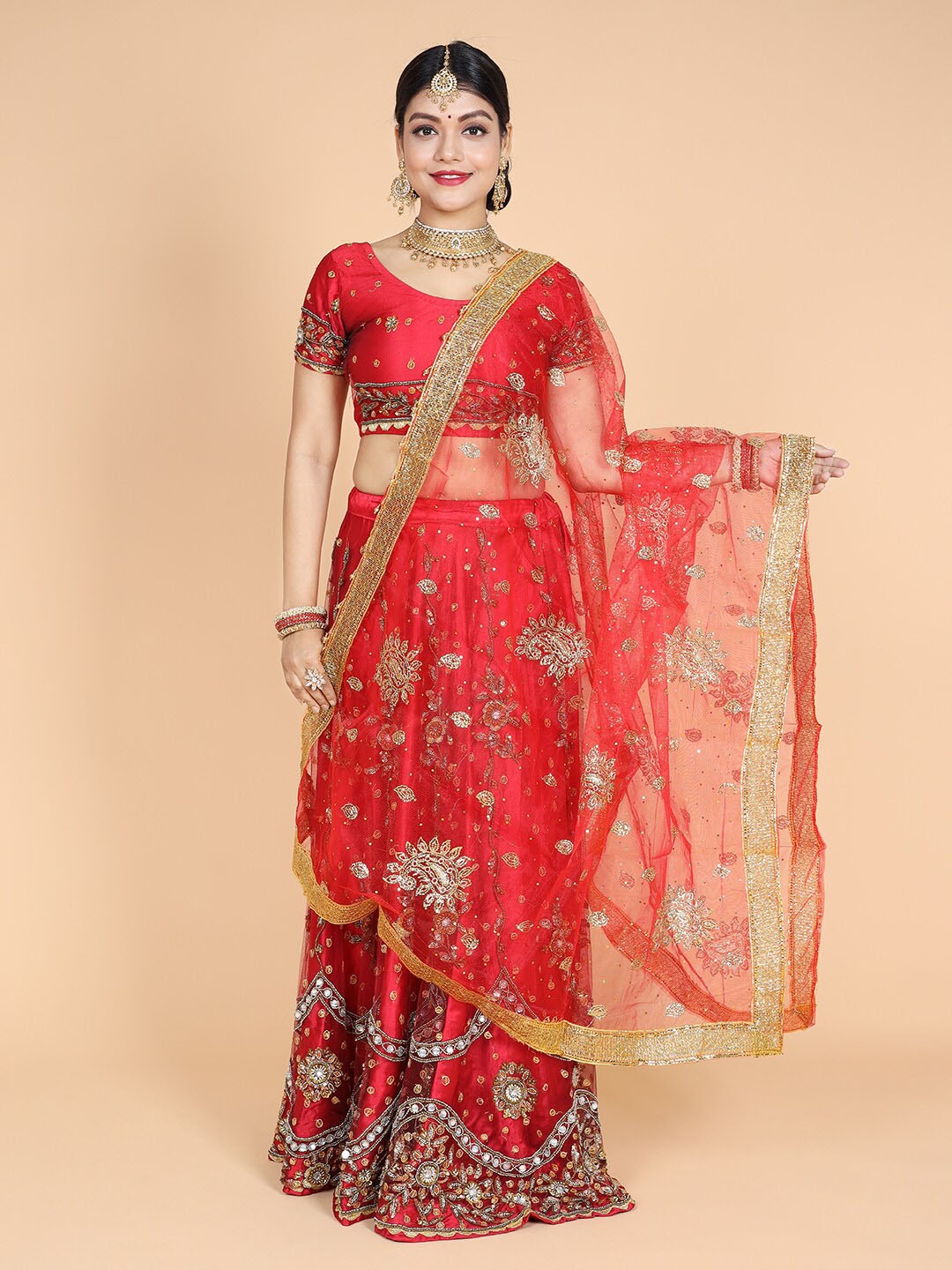 

NAMASKAR Ethnic Motifs Embroidered Dupatta, Red