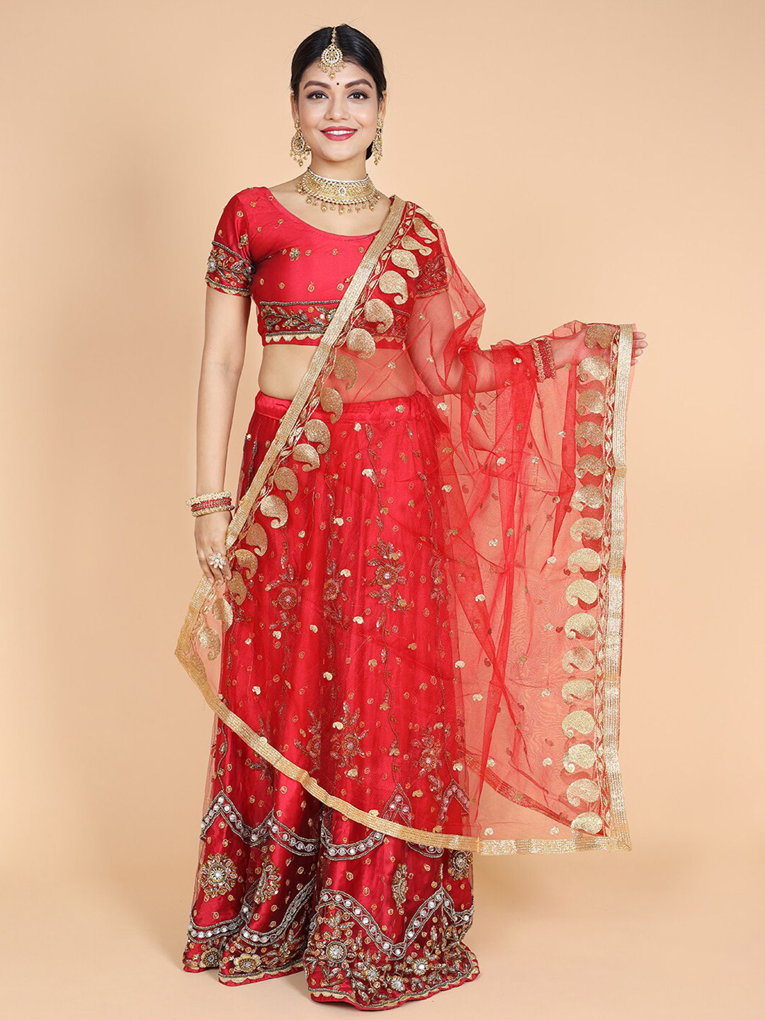 

NAMASKAR Ethnic Motifs Embroidered Dupatta, Red