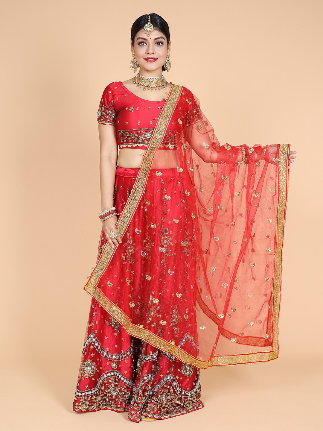 

NAMASKAR Ethnic Motifs Embroidered Dupatta, Red