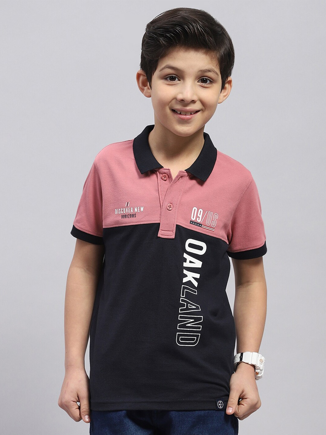 

Monte Carlo Boys Colourblocked Short Sleeves Polo Collar Applique Cotton T-shirt, Pink