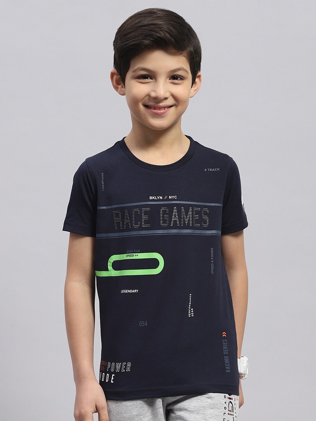 Monte Carlo Boys Typography Printed Round Neck Cotton T-shirt, Navy blue