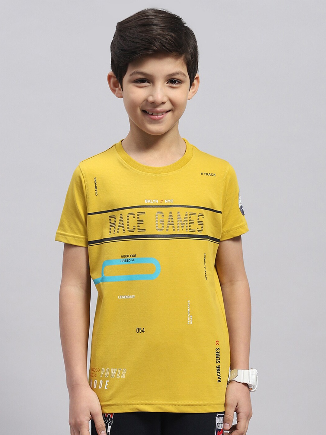 Monte Carlo Boys Summer Typography Printed Cotton T-shirt, Yellow