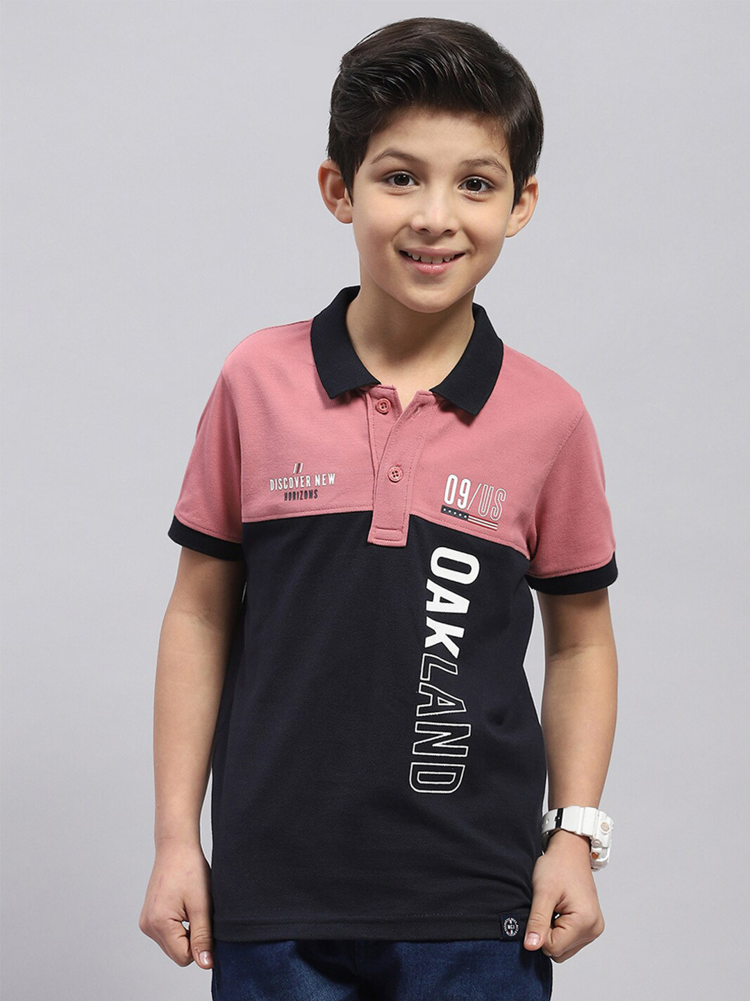 

Monte Carlo Boys Summer Typography Printed Polo Collar Cotton T-shirt, Pink
