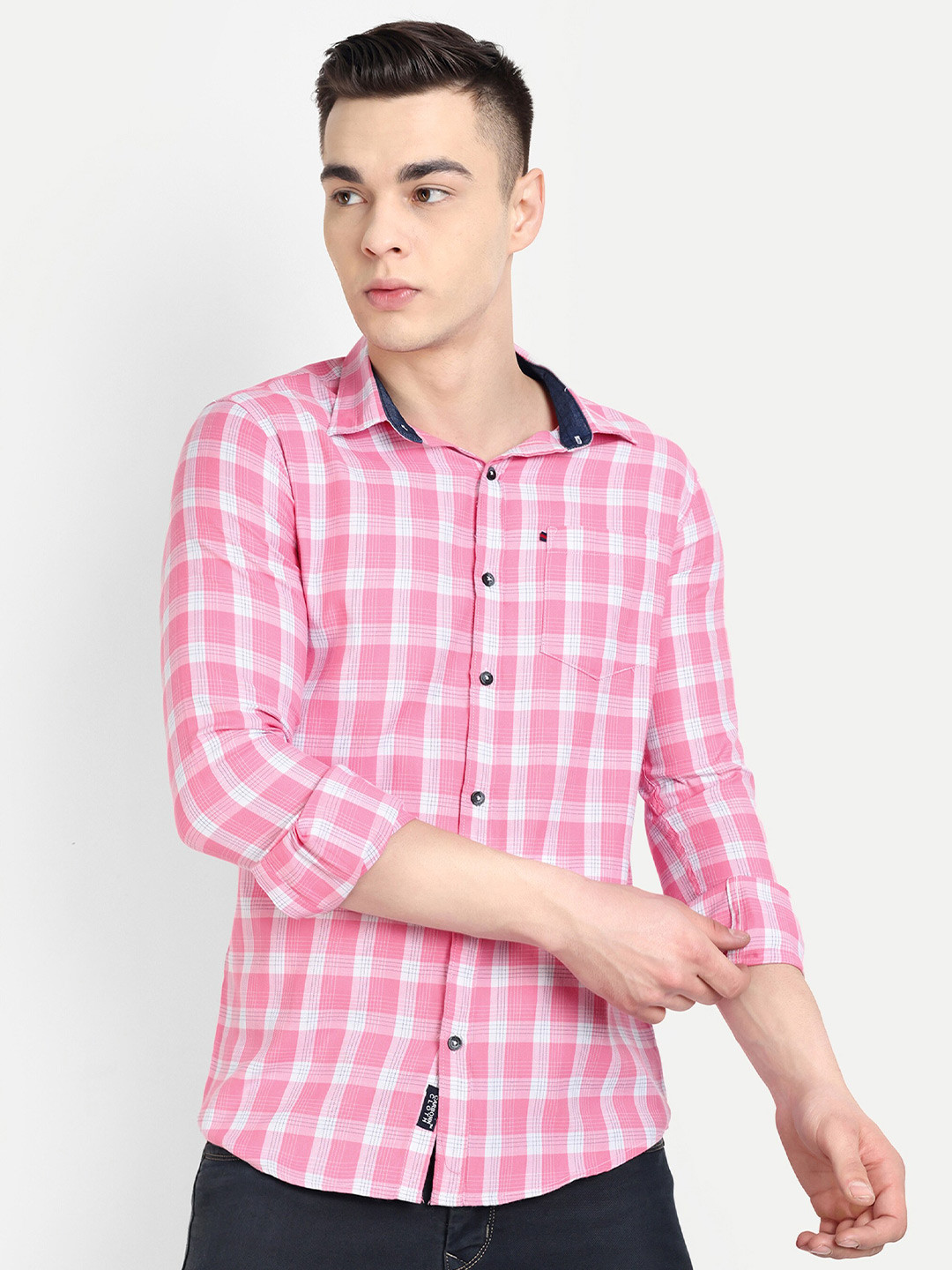 

CARBONN CLOTH Spread Collar Regular Fit Cotton Opaque Checked Casual Shirt, Pink