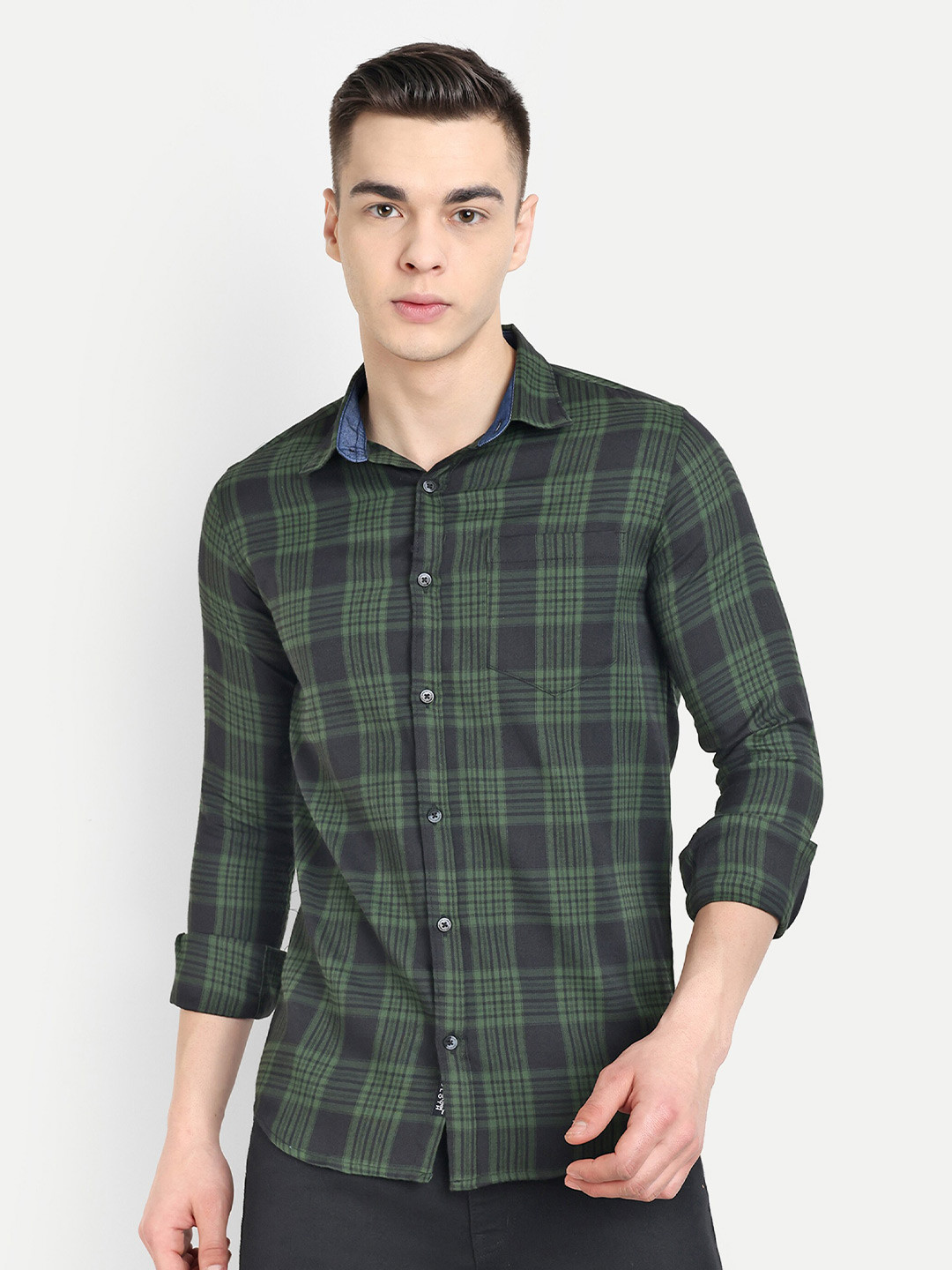 

CARBONN CLOTH Spread Collar Regular Fit Cotton Opaque Checked Casual Shirt, Green