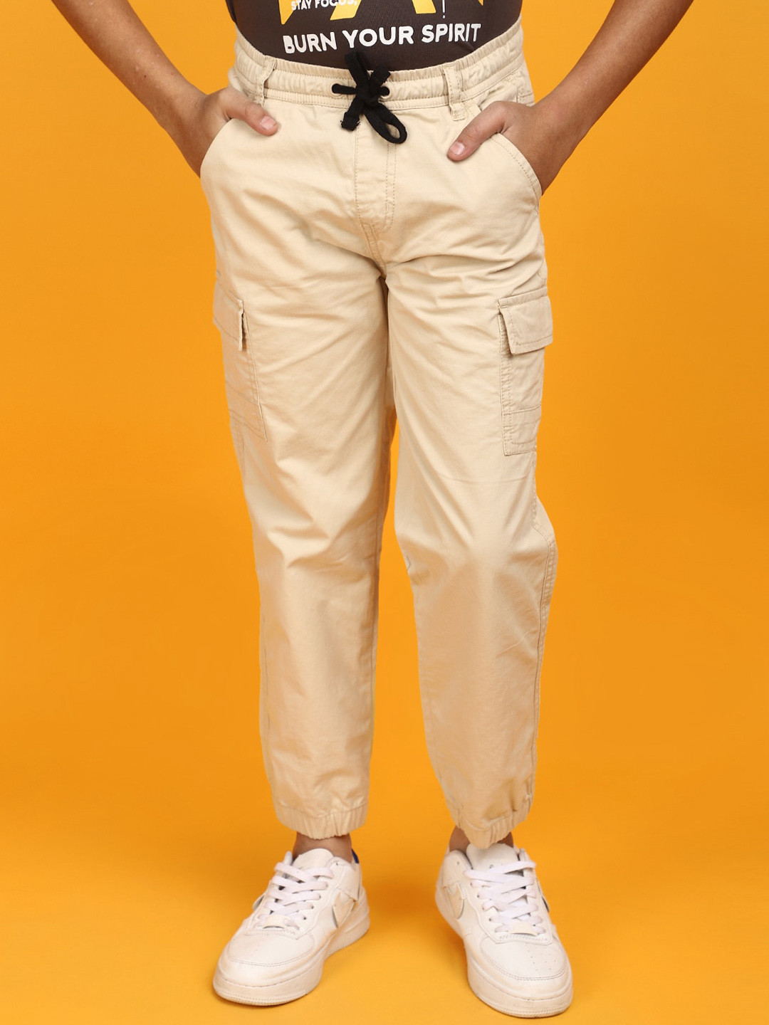 

V-Mart Boys Mid-Rise Twill Cotton Joggers, Beige