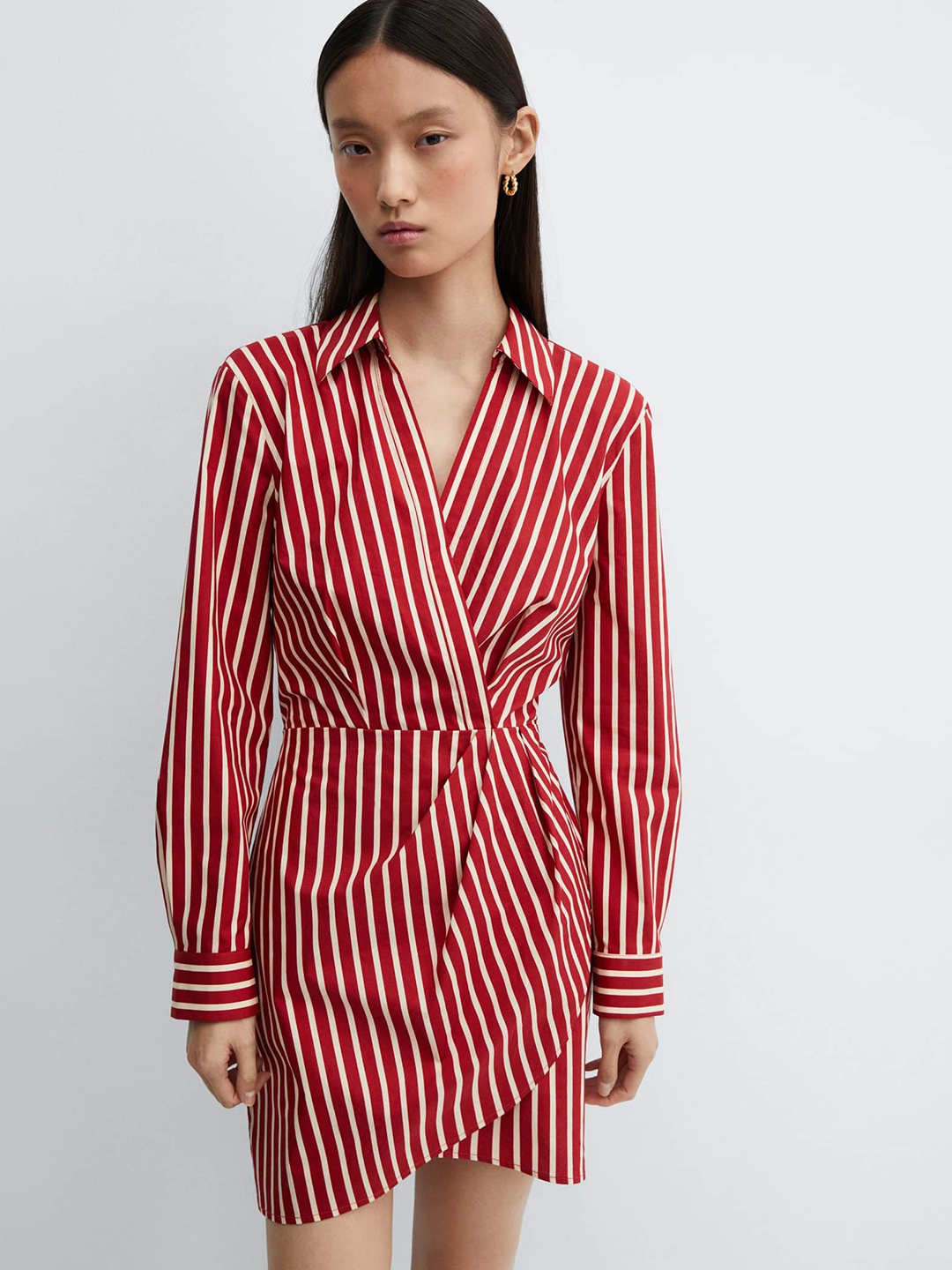 

MANGO Cotton Striped Wrap Mini Dress, Red