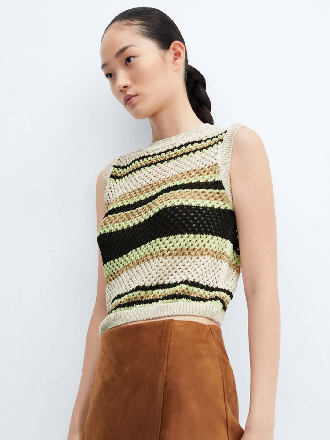 

MANGO Striped Crochet Knit Top, Beige