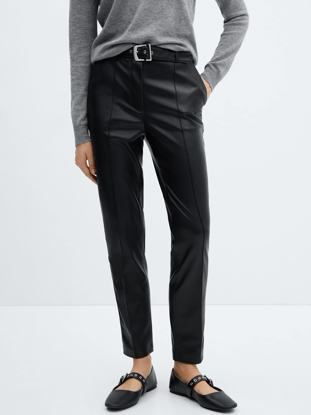 

MANGO Women Skinny Fit Faux-Leather Trousers With Belt, Black